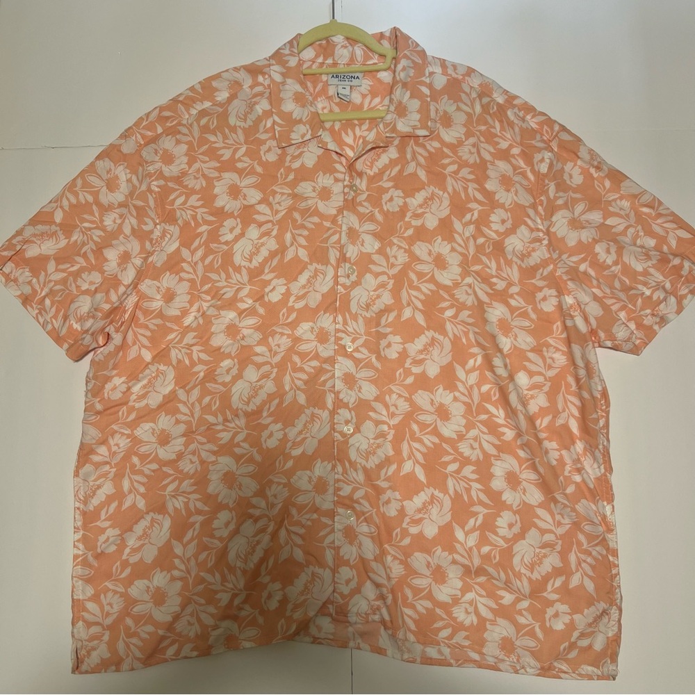 Arizona Jeans Co. Mens 2XL Hawaiian Camp Shirt Cotton Orange Floral Print